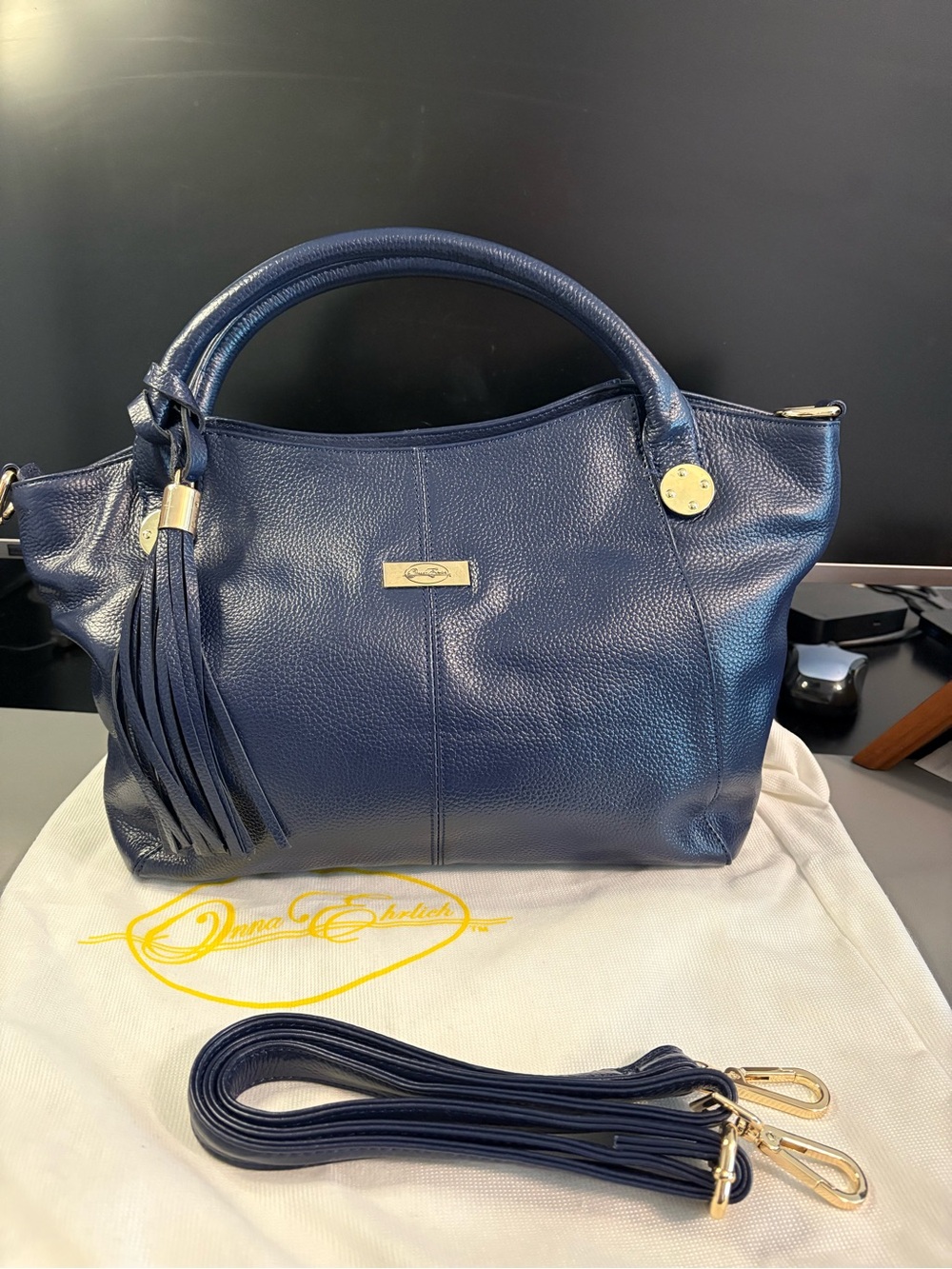 Onna Ehrlich Navy Leather Tassel Satchel